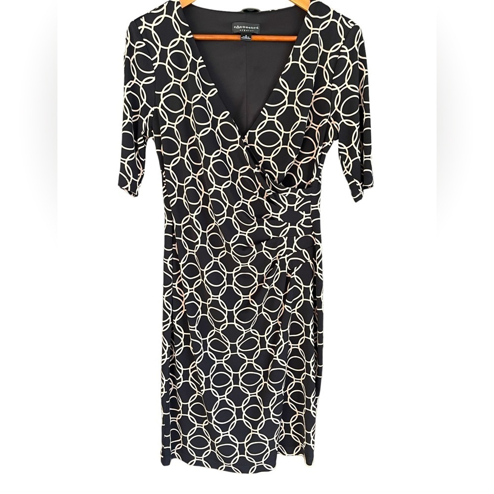 🔥🖤Connected Apparel size 6 black/tan faux wrap dress with cinched waist. NICE